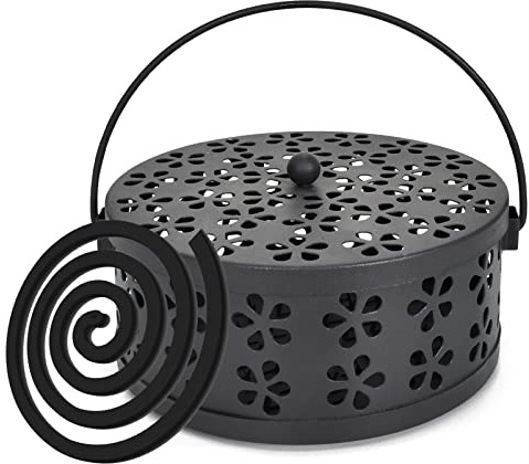 Moskito Spulenhalter, Räucherstäbchenhalter,Metall Sandelholz Halter,Mückenspirale Behälter mit Griffdeckel,Klassisch Design Tragbar Metallisch für Zuhause, Camping, Reisen-Schwarz