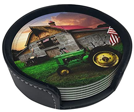 Untersetzer aus Leder mit altem Traktor-Foto-Farm-Druck, rund, 6 Stück