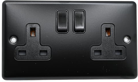 SHPELEC® Matt Black Screwless 2 Gang Plug Socket 13A – 4mm Slim Metal Plate Double Socket for Modern UK Electrical Installations