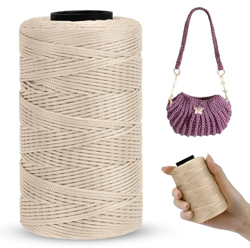 LEREATI Polyester Macrame Cord 1mm x 230m, Polyester Yarn for Crocheting, Braided Polypropylene Crochet Bag Cord Macrame Yarn for Handbag, Beading, DIY Crafts (Khaki White)
