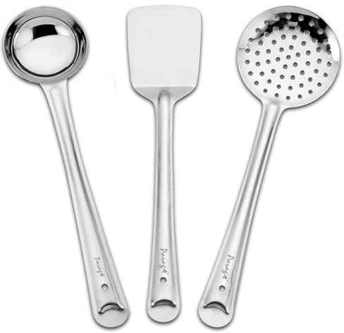 Parage Juego de 3 utensilios de cocina de acero inoxidable para cocinar y servir, paquete de 3 cucharones (Karachhi), espumadera (Jhara) y volteador/espátula (Palta) plata, tamaño: 32 cm, 33,5 cm,