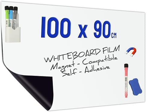 Minadax Película de Pizarra Adhesiva Pared 100 x 90 cm | Imán Adhesivo | Recortable + bolígrafos con Soporte + limpiaparabrisas