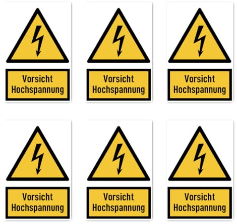 Aufkleber: 75x50 mm, 6 Stück - Vorsicht Hochspannung - Warnzeichen mit Text (deutsch) (gelb/schwarz) - hochkant - W012 - DIN EN ISO 7010 / ASR A1.3