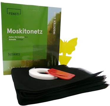 Fensti Fliegengitter für Fenster | Moskitonetz 130x150 cm Schwarz Inkl. Schneidwerkzeug 5,6m Klebemontageband 2 Pflanzenfliegenaufkleber | Umweltfreundliche Fliegenkontrolle Kann Zugeschnitten Werden