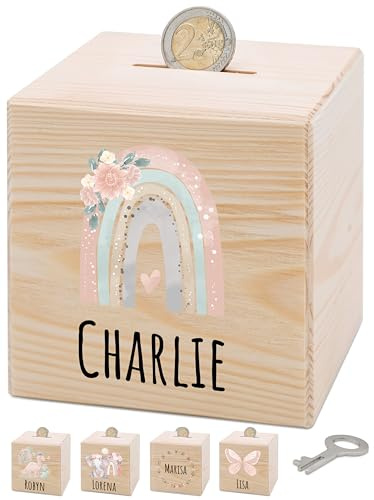 Bärenfreunde® - Personalisierte Spardose Kinder aus Holz mit Metallschloss - Spardose mit Namen mit kinderfreundlichem UV-Druck zum Sparen für Kinderträume (Regenbogen Glitzer)