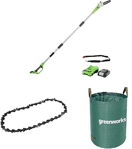Greenworks Akku Hochentaster,20 cm Blattlänge,24V 2Ah Akku & Ladegerät + Greenworks 20cm Sägekette+ Greenworks 120l Gartenabfallsack