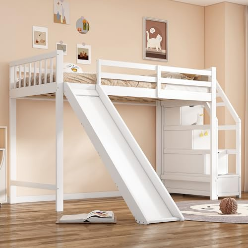 Merax Lit mezzanine, 90 x 200 cm, pour enfant, avec toboggan et échelle de rangement, certifié EN747, sans matelas, blanc
