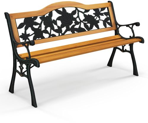 GOPLUS Gartenbank 2-3 Sitzer, Sitzbank Outdoor aus Kiefernholz, Metall bis 213kg belastbar, Terrassenbank wetterfest mit dekorativer Rücklehne, Armlehne, Parkbank für Garten Hof (Große Rose)