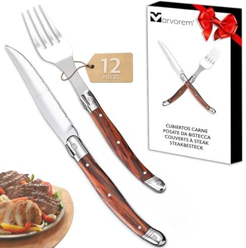Steakbesteck rostfreier Stahl Holz 12 Stück mit 6 Stück Steakmesser 23 cm und 6 Stück steakgabeln 22 cm