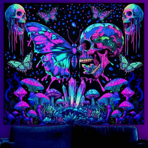 WEBEEDY Skull Blacklight Tapestry Aesthetic Butterfly Mushroom Tapestries Halloween UV Reactive Cool Art Poster Colorful Large Wall Hanging for Bedroom Dorm Halloween Party Decor,150X130cm