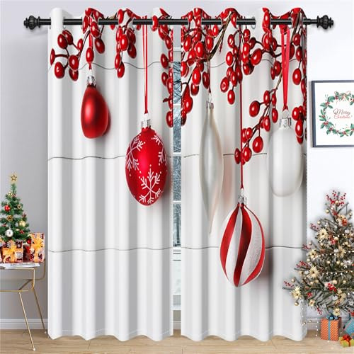 Ttincceer Cortina navideña para Sala de Estar Bolas de Adorno navideño Rojo Invierno Cortinas Opacas de Madera Gris para Dormitorio Cortinas de Ventana con Aislamiento térmico 117x138cm