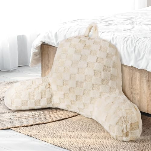 AELS Grande federa di ricambio per cuscino da lettura con braccioli e tasche (solo federa), 45,7 cm, in morbida pelliccia sintetica a scacchi, per cuscini da lettura di dimensioni standard, beige