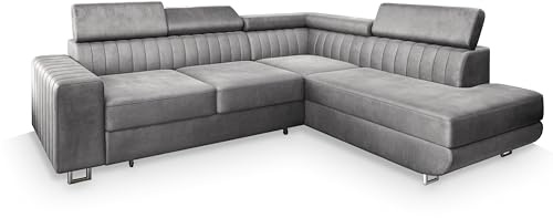 Masseno Ecksofa NOLA R-S mit Schlaffunktion L-Form, Klassisch Sofa mit Bettkasten, Wohnzimmersofa, Couch, Soffa, Bettsofa, Couchgarnitur - Hellgrau, Monolith 84