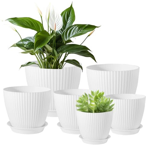 Kalizoi Blumentopf 10-17 cm Durchmesser, Kunststoff Blumentöpfe mit Untersetzer Drainagelöcher, Rund übertopf für Zimmerpflanzen, Pflanzkübel kräutertopf für Innen außen (6er-Set, Weiß)