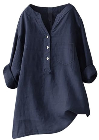 Chemise Lin Femme Chemisier Coton Et Lin pour Femmes Col en V Bouton Manches Longues Tops Couleur Unie Lâche Respirant Pas Cher T-Shirts Grande Taille Casual Tunique Blouse Décontracté