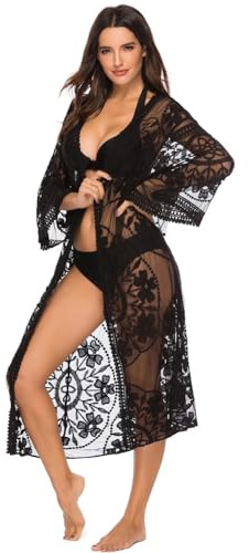 Shuanghao Kimono Pareo Kimono Klänning Mibolero Kaftan Pareo Kimono Klänning Dam Spets Vit Svart Elegant Sommar Dam Sexig Kurvig Ceremoni Plus Storlek Lång Cardigan, Aa-svart-a, M