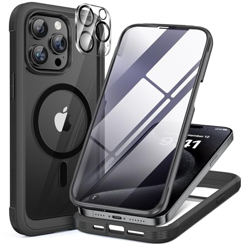 miracase Vollschutzhülle für iPhone 15 Pro, Magsafe, Schwarz | Eingebaute 9H Panzerglas Schutzfolie | Komplettschutz | Stoßfest | Kameraschutz | Geeignet für Outdoor | 6,1 Zoll