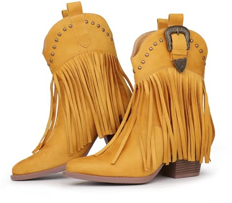 Hawkwell Damen-Cowboystiefel mit Fransen, Snip Toe, zum Überziehen, Western-Stiefeletten, Wildleder, Gelb, EU 39