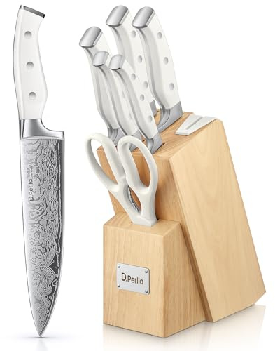 D.Perlla Knife Set, 7 Pieces Kitchen Knife Set with Self Sharpening Wooden Block, German Stainless Steel Knife Block Set with Triple Riveted Ergonomic Handle, White