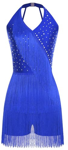 TiaoBug Damen Pailletten Tanzkleid Strassstein Neckholder Latein Kleider Rückenfrei Trikot Body mit Bein Fransen Rock Flapper Eiskunstlauf Kleid