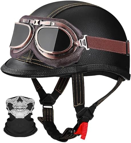 Vintage Moto Casco Mezzo Pelle, Retro Casco Moto Jet Con Occhiali, Caschi Scooter Caschi Street Cruiser Per Donna E Uomo Adulto, Casco A Scodella Casco Apert Omologato ECE 5,M=57-58CM