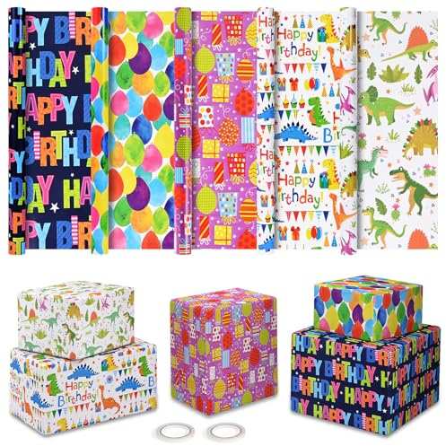 HAMOHTE Geschenkpapier Geburtstag Kinder 5 Rollen, 43 cm x 300 cm Geschenkpapierrollen Junge, Recycelbar Geschenk Papier Erwachsene, Birthday Gift Wrapping Paper für alle Geburtstagsanlässe