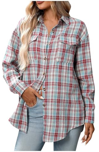 Women Plaid Shirt,Ladies Checked Lapel Long Sleeve Button Down Tartan Flannel Shirts with Pocket Office Work Blouses Fall Winter Comforty Jackets Casual Loose Coats Boyfriend Tops UK Size 8-16