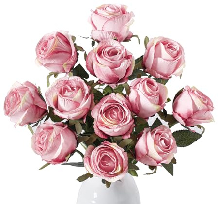 Wenhuidr 12pcs Light Pink Roses Artificial Flowers – Realistic Silk Velvet Fake Flowers with Long Stems for Valentines Day Wedding Bouquets Home Decoration Party Centrepieces & DIY Floral Arrangements