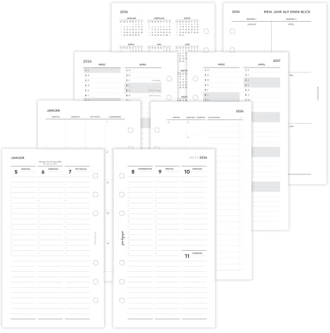 pen & pages® Kalender 2026 Spalten mit Uhrzeiten 1 Woche auf 2 Seiten Personal 9,5 x 17,1 cm Einlage für Ringbuch mit Monatsübersicht Jahresübersicht DACH Feiertagen 6 fach Lochung (All-in-One)