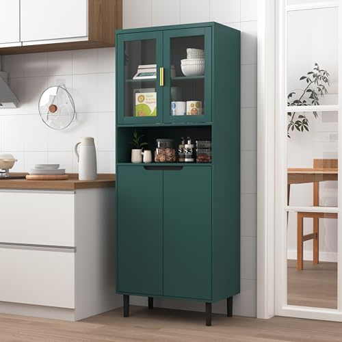 A ALFRESCOOL Vitrinenschrank, Glasvitrine Stehend, Bücherregal mit Tür aus Gehärtetem Glas und Verstellbarer Platte, Lackiertes MDF-Schrank, Aufbewahrung für Wohnzimmer und Schlafzimmer(Grün)