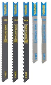 IRWIN HCS/HSS U-Shank Jigsaw Blade Set, Wood and Metal Cutting, 5 Piece, 100mm and 92mm