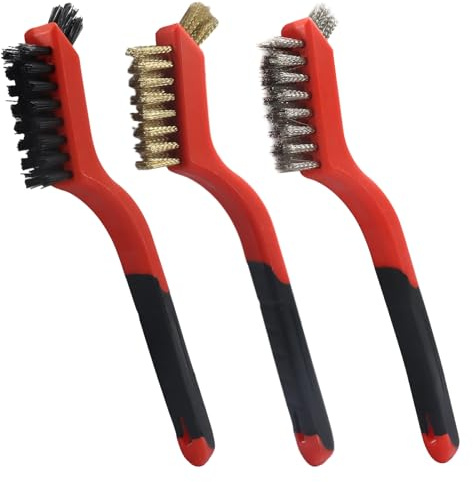 Cionyce Juego de 3 cepillos de alambre, cobre/acero inoxidable/nailon con mango curvado para una eliminación eficaz del óxido, limpieza de pintura y fregado de escombros, cabezal de cepillo pequeño