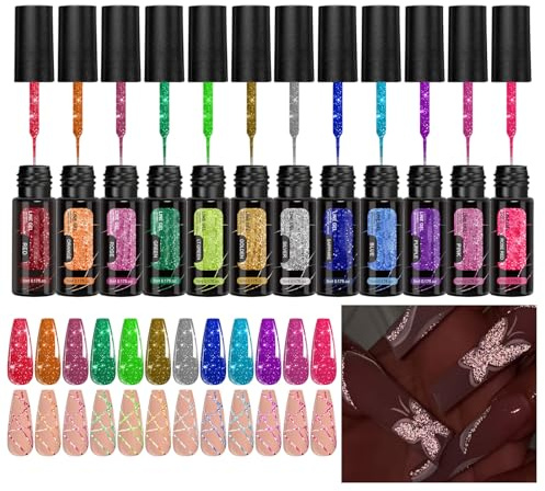 Esmalte De Uñas Gel Con Purpurina Kit Delineador Uñas Reflectante Duradero | 12 Colores De Esmalte De Uñas En Gel Kit Diseño Artístico Purpurina Reflectante Larga Duración para Mujeres Verano