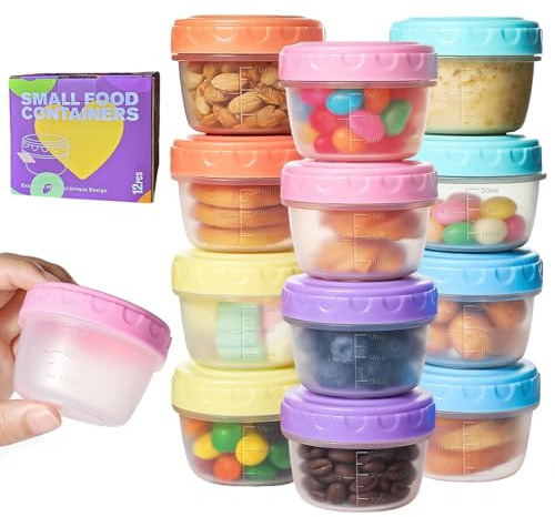 12 Pezzi Contenitori Ermetici per Alimenti Piccoli, Vasetti Plastica con Coperchio per Alimenti, 50ml Contenitori per Alimenti Plastica Piccoli, con Linee Graduate, per Forno a Microonde e al Frigo