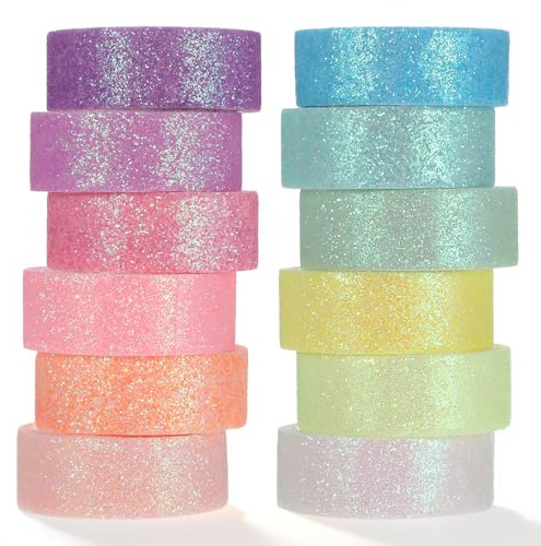 Cobee 12 Rollen Glitzer Washi Tape Set, Bunt Klebeband Bunt Masking Tape Fashion Scrapbook Zubehör Glitzernde Bänder Dekoratives Klebeband für DIY Scrapbooking Verpackungen