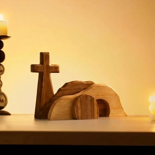 Generisch Osterszene Holz Osterkrippe - Leeres Grab Auferstehungsszene Jesus Figur | Handgefertigte Holzdekoration Mit Kreuz | Für Tischplatte Kaminsims Büro Frühling
