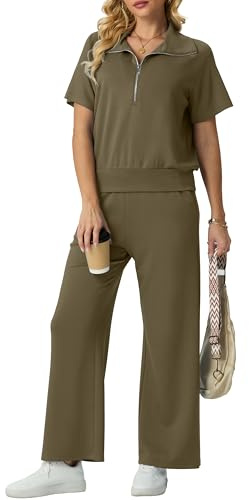 GRECERELLE Tracksuit Womens Full Set Summer Activewear Two Piece Outfits Lounge Wear Sets for Women Short Sleeve Half Zip Casual Pullover Tops and Jogging Bottoms with Pockets