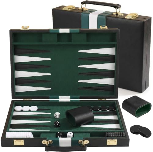 Jeu de Backgammon de Voyage, Jeu de Société de Luxe 15 avec Mallette | 38cm Mallette de Backgammon en Cuir PU pour 2 Joueurs, avec Dés et Pions pour Adultes et Hommes