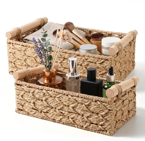 2 Stück Aufbewahrungskorb Badezimmer, Aufbewahrungskorb Geflochten mit Holz Griffen Körbchen Dekor Flechtkorb Toilettenpapier Aufbewahrung Körbe Stapelbare Regalkörbe für Küche Badezimmer Wohnzimmer