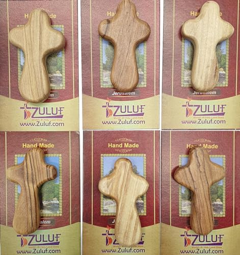Zuluf Six Small Olive Wood Crosses The Holding Crosses From Israel | Handheld, Comforting Design for Clutching, Clinging With 6 Holy Land Certificates 6cm / 2.5 Inch Each Cross - CRS095