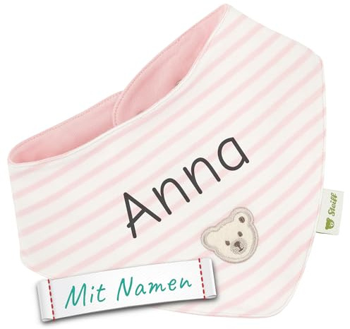 LALALO Steiff Halstuch bestickt mit Namen, Baby Dreieckstuch/Nickytuch personalisiert, Nickituch Teddy Bär, Streifen, Mädchen (Rosa/Pink)