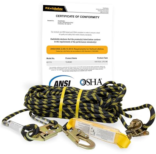 KwikSafety (Charlotte, NC Tsunami (Premium Braided Rope) Vertical Lifeline ANSI OSHA Rope Grab Snap Hook Shock Absorber Fall Protection Line Kit Restraint System Roofing Safety Equipment | 25 FT.