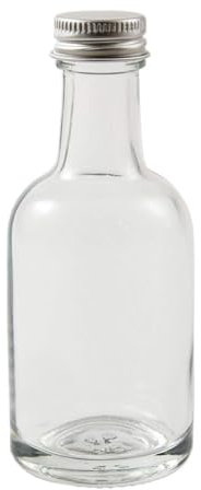 A pack of 100 Mini/Miniature round glass bottles (50ml) miniature gin bottles, liqueurs, spirits. With Silver Lids.