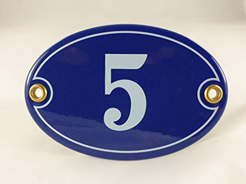Emaille Hausnummer Schild Nr. 5, oval, Blau-Weiß mit Schrauben und Dübel Handarbeit