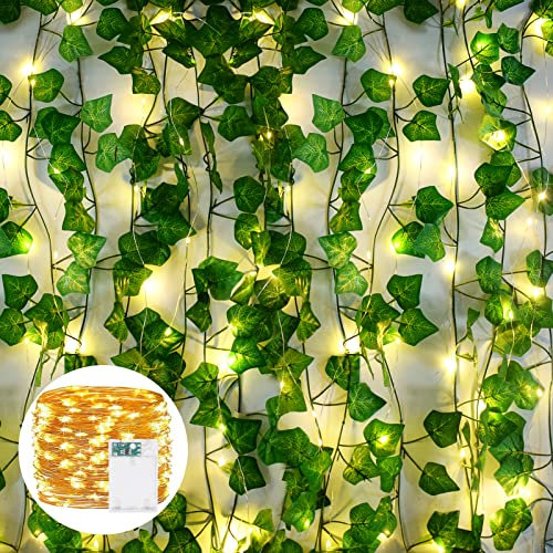 Boic Artificial Ivy Garland, Fake Ivy Leaves With 80 Led String Light Hanging, Fake Plants Artificial Fake Plants Vine Hanging Garland For Room Aesthetic And Garden Wall Decoration For Indoor Outdoor
