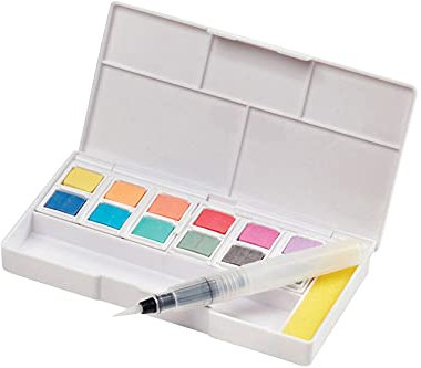 Derwent Pastellfarben-Set mit 12 Sortierten Pastellfarben-Töpfchen, Inklusive Mini-Wassertankpinsel, 5 x Mischpaletten, 1 x Schwamm, Tragbares Farbset, 2305865