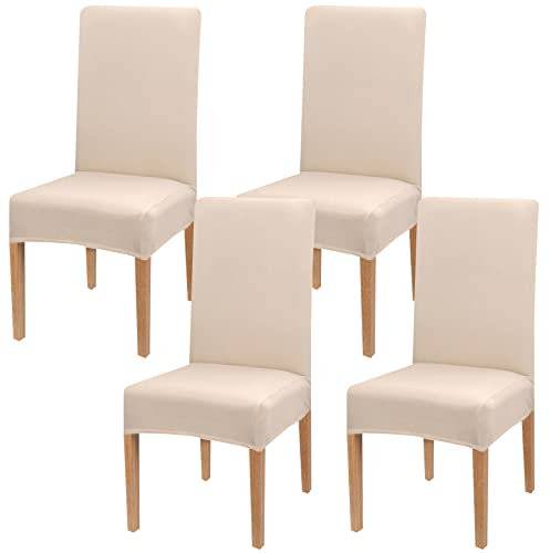 Newthinking Stretch Chair Covers for Dining Room, High Back Dining Chair Covers, Removable and Washable Full Wrap Elastic Chair Cover for Hotel, Wedding, Kitchen, Dining Room (Beige, 4 Pack)