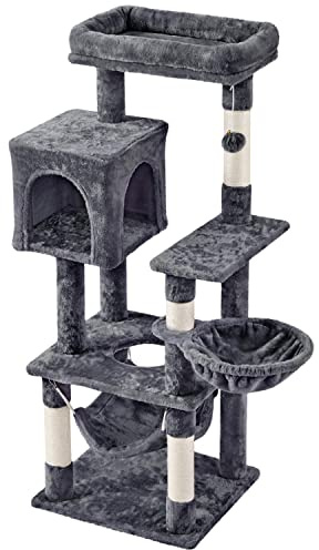 Yaheetech 130.5 cm Cat Tree with Sisal Scratching Posts, Dark Grey | Cat Tower, Cats Activity Centre, Large Condo, Scratching Posts, Basket/Hammock