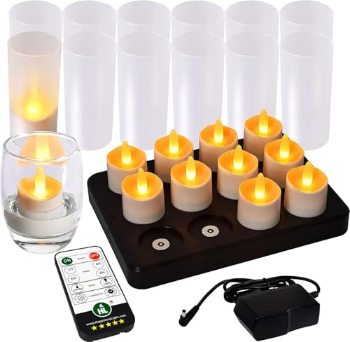 HL Velas LED de Té Recargables Magnéticas, Velas LED Impermeables IP68 con Control Remoto, Vela LED para Día de San Valentín, Halloween, Navidad, Decoración de Cumpleaños, Boda - 12Pcs, Amarillo