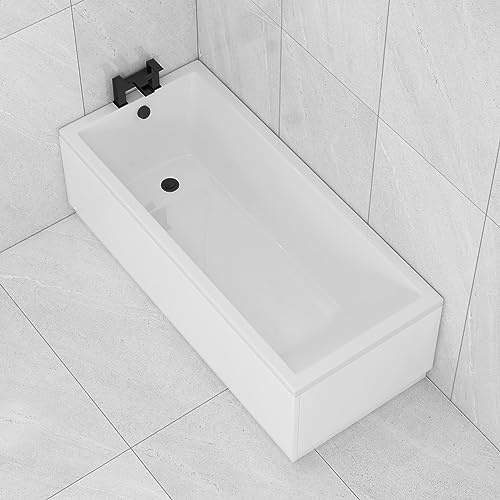 1500 x 700mm Single Ended Straight Bath with Front and End Acrylic Bath Panels for Bathroom, Baths Soaking Tubs, White Gloss - Square